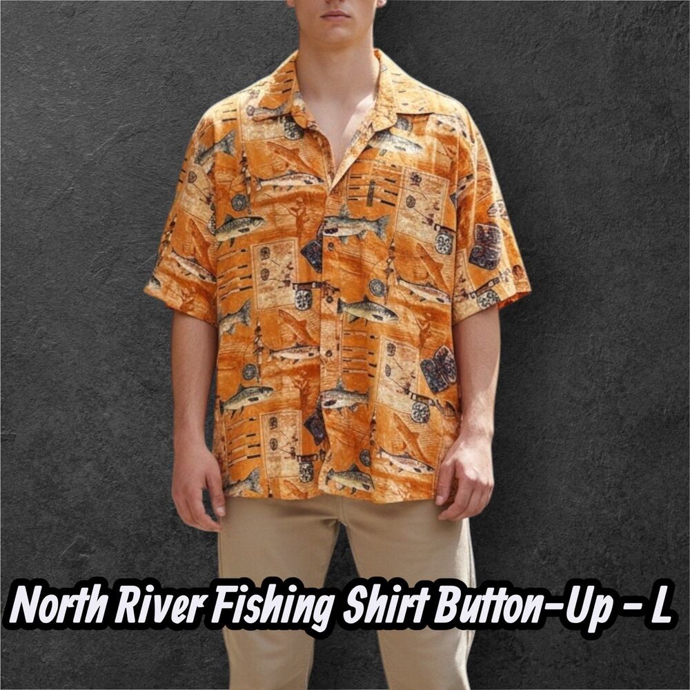 Preowned North River Fishing Shirt Men’s Large Orange Fish Print Button-Up Short